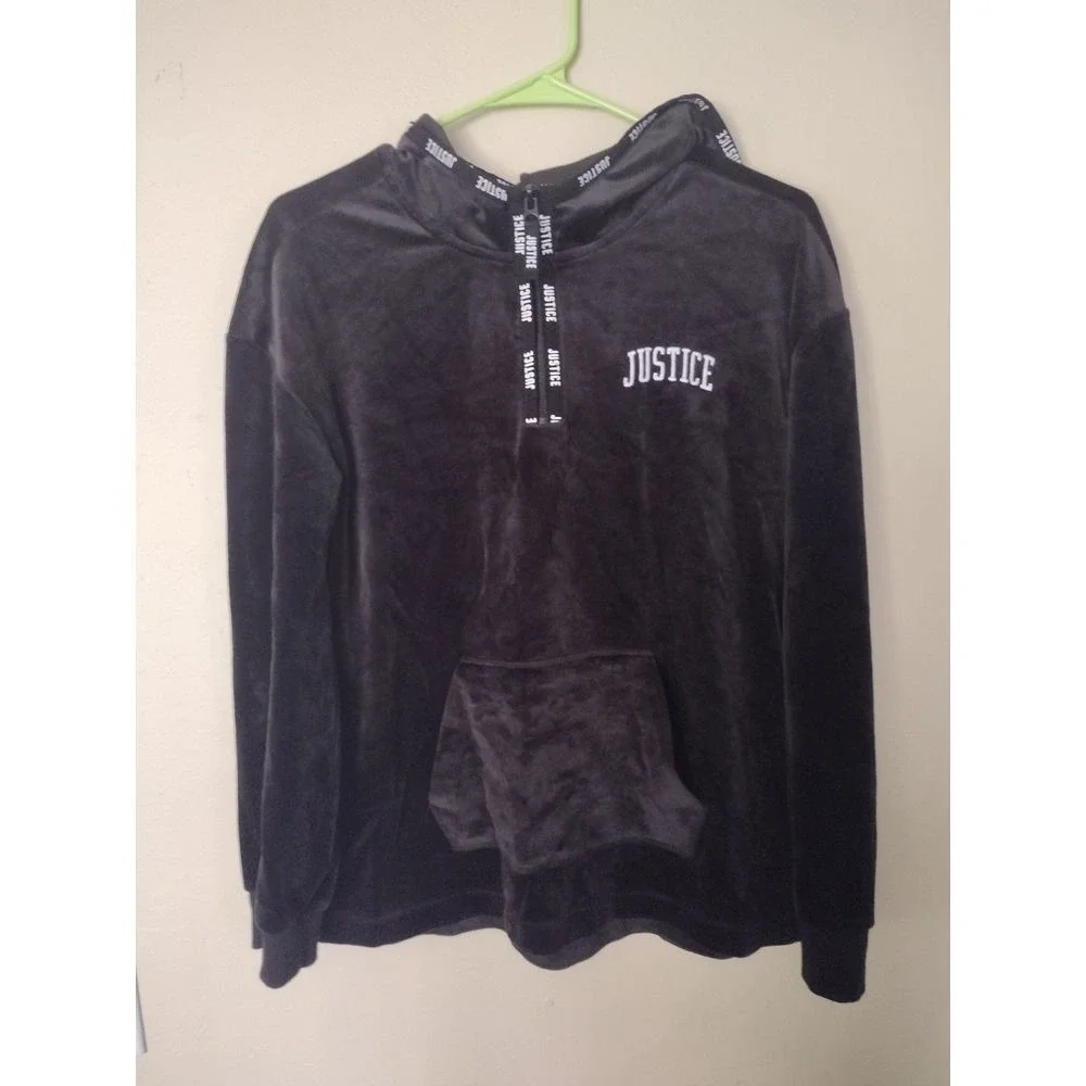 Justice Girls Black Velour Quarter Zip Hoodie Logo Tape Sweatshirt Size 14/16